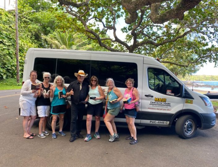 A group of travelers who participated in the Road to Hana tour with Maui Fantastic Tours
